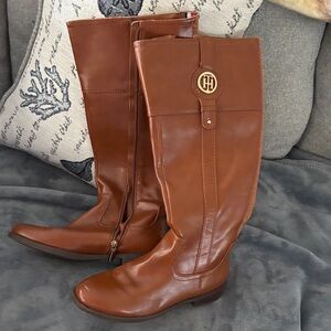 Tommy Hilfiger Cognac Leather Knee-High Riding Boots with Gold Logo